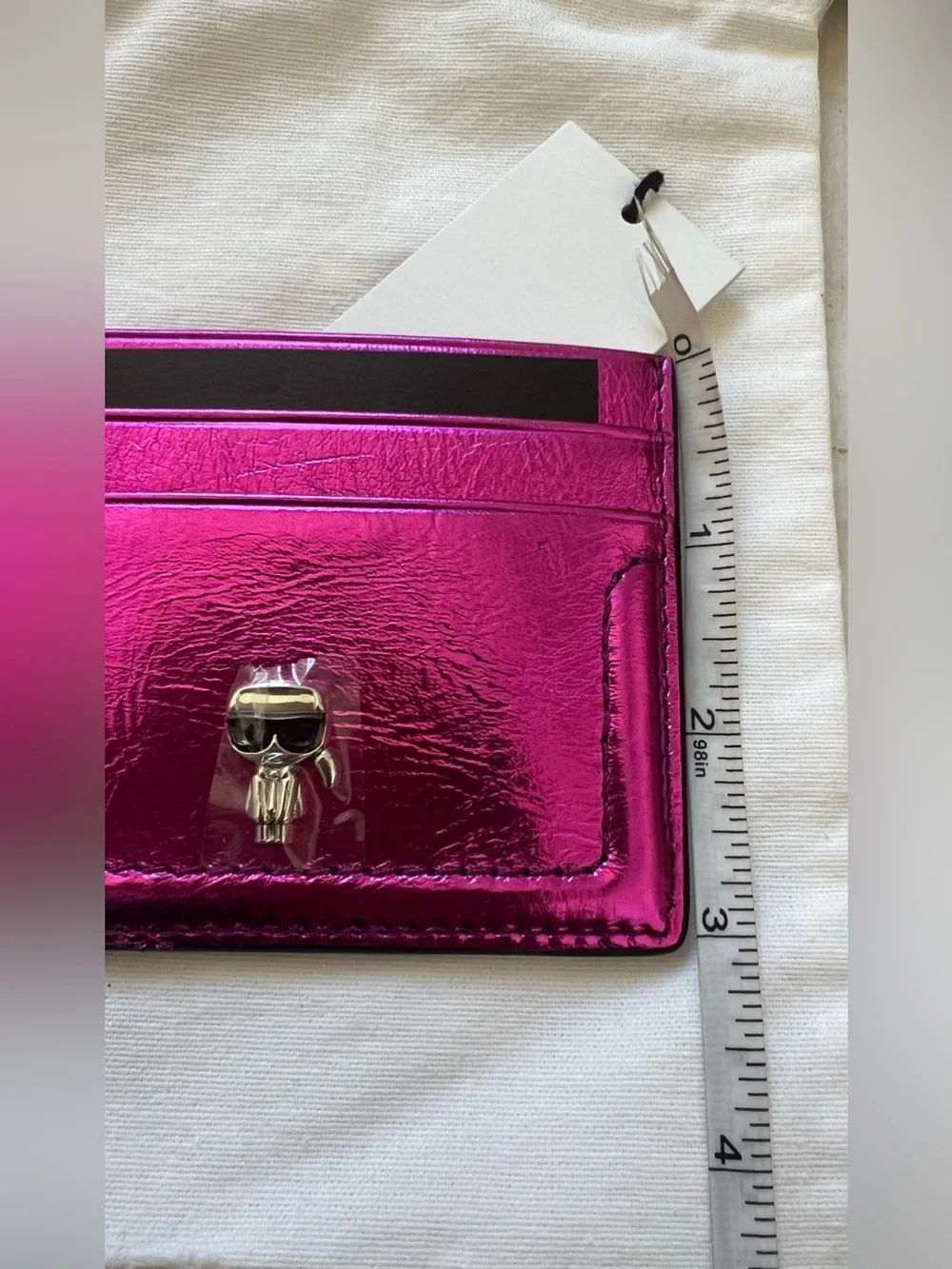 NWT Karl Lagerfeld Leather Card Holder Metallic Pink 3 x 4 inch Wallet Logo